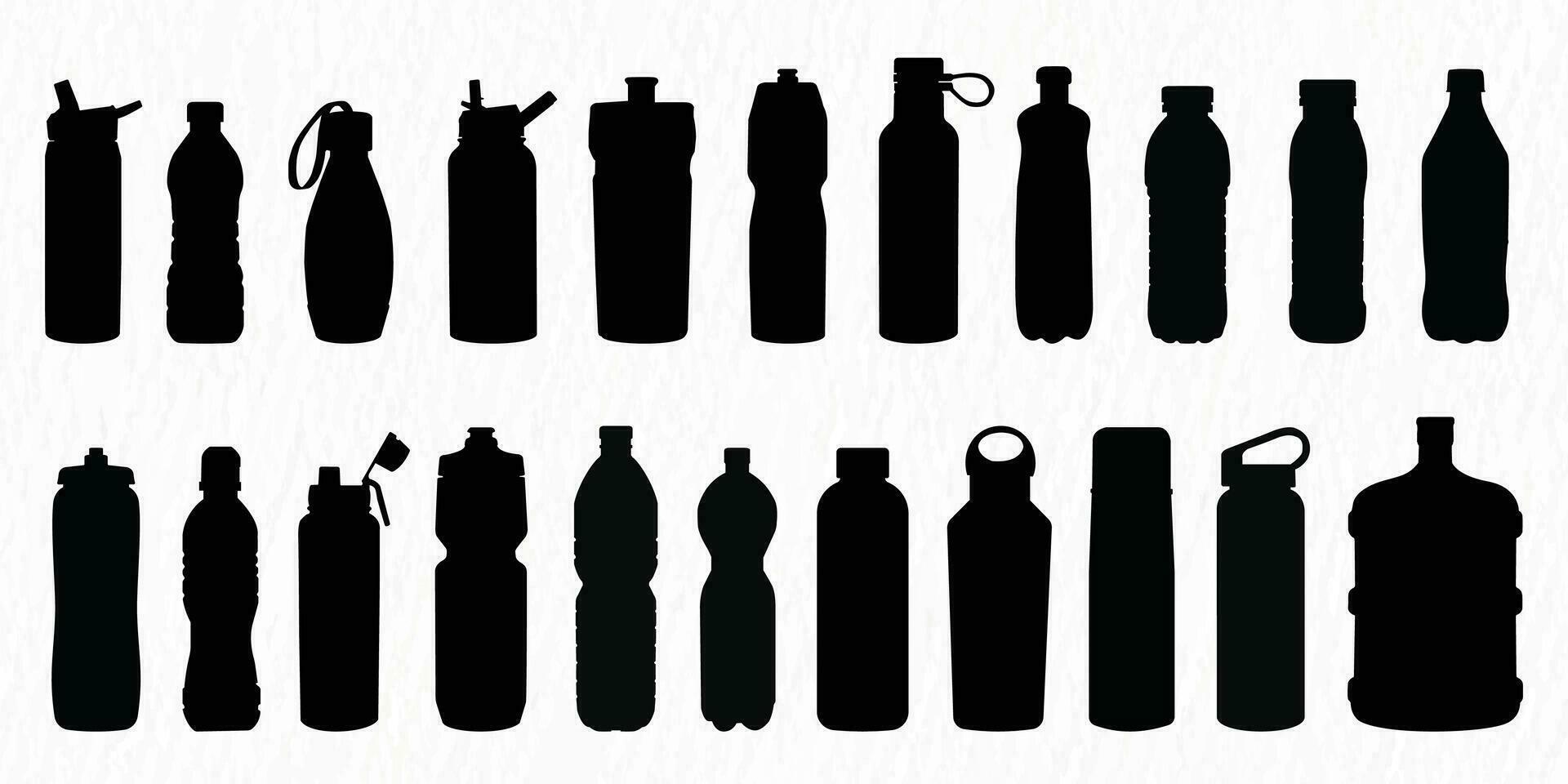 Various types of plastic, steel, glass water bottle silhouette set vector