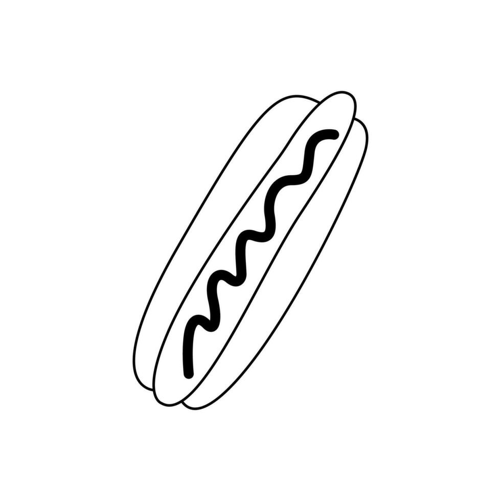 Cartoon hot dog fast food doodle. Outline hot dog, street food concept, line art, sketch, template. Black and white icon. Hand drawn illustration isolated on white background. vector