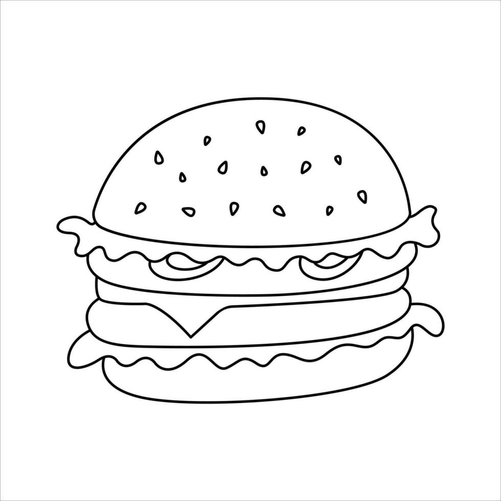 Cartoon hamburger fast food doodle. Outline burger, street food concept, line art, sketch, template. Black and white icon. Hand drawn illustration isolated on white background. vector