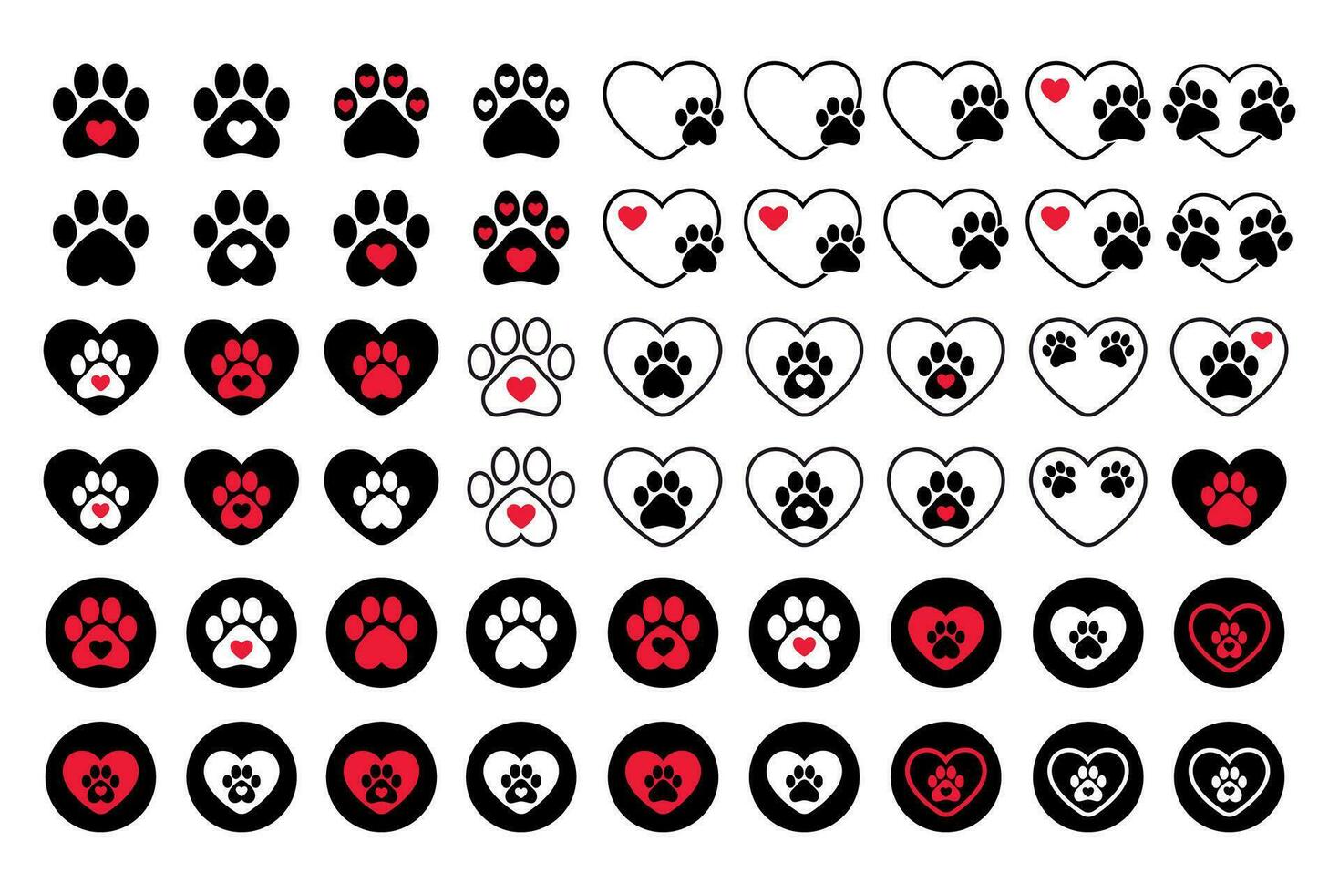 perro pata con corazón icono colocar, perro pata huellas dactilares y corazones logotipos, animal impresión corazón iconos, silueta rojo y negro pata impresión vector