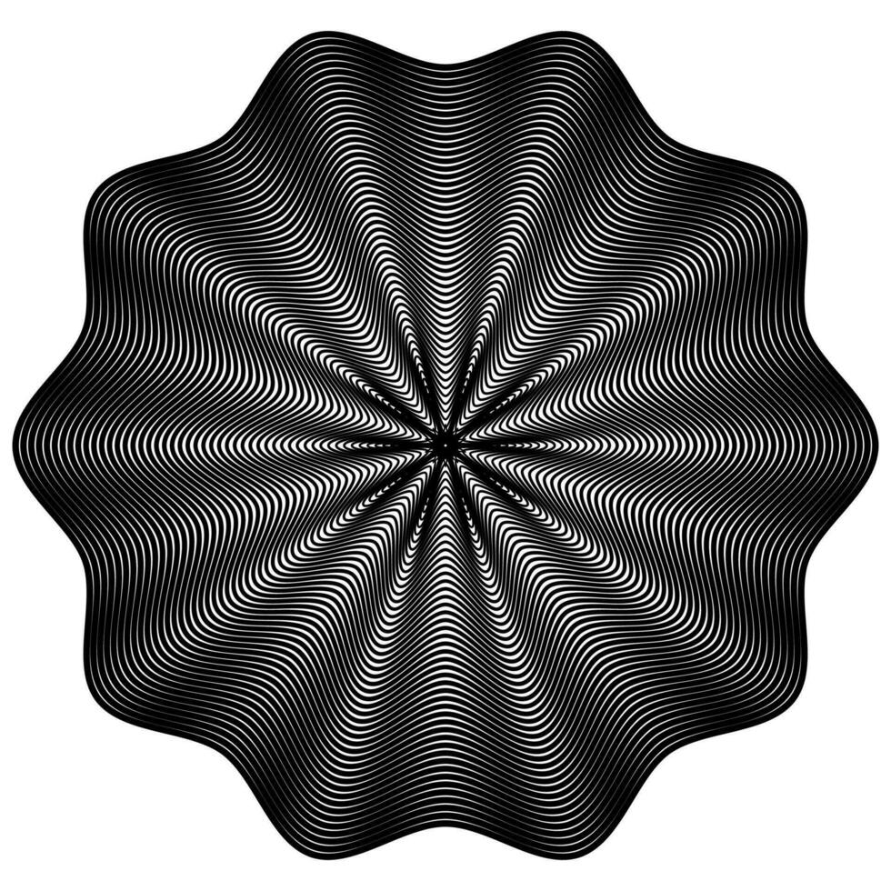 Circular Modern Etching, Engraving Texture, Spiral Scalloped Round Shape. Monochrome Decorative Pattern. Abstract backdrop. Vector Art Illustration.