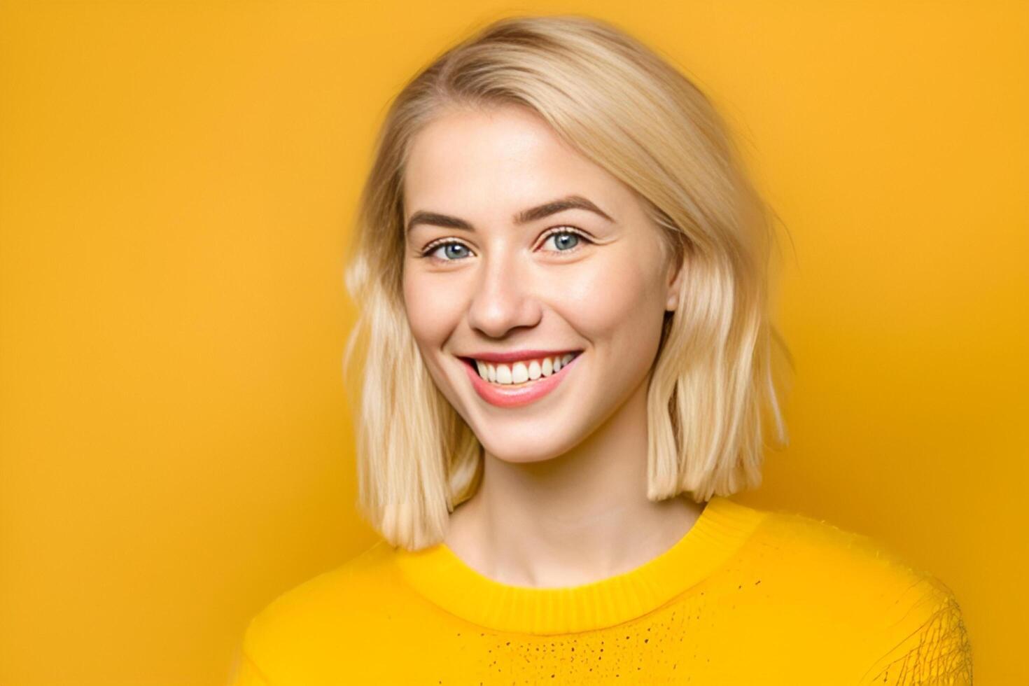 A woman with blonde hair and a yellow sweater smiles photo