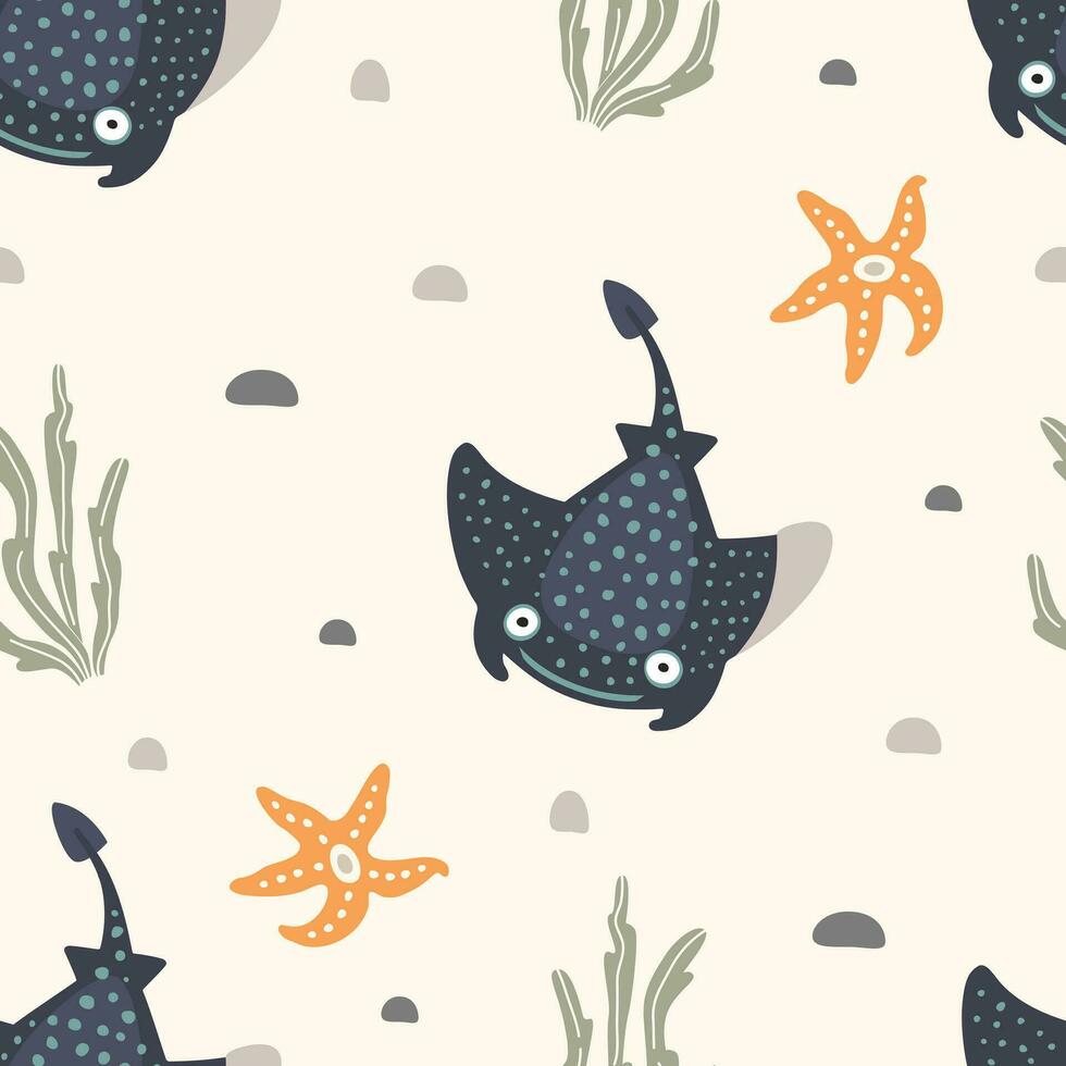 Seamless pattern with cartoon blue stingrays and starfish on a light background, vector. vector