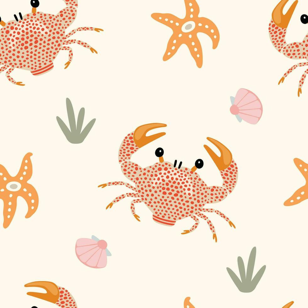 Seamless pattern with cartoon crabs and starfish on a light background, vector. vector