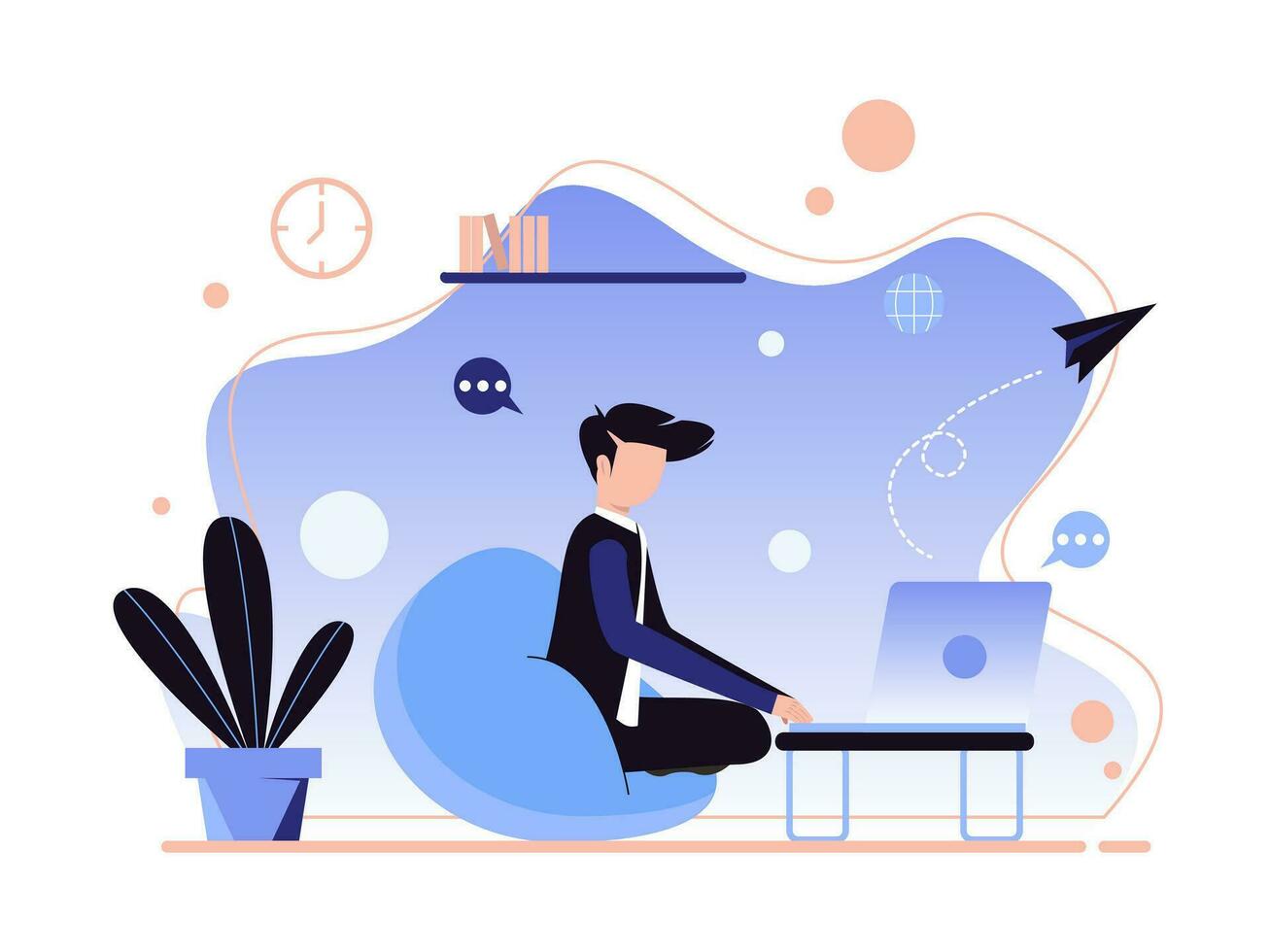 Work at home, illustrate the concept. Young people, casual workers who work with laptops and computers at home. Vector illustration of flat style