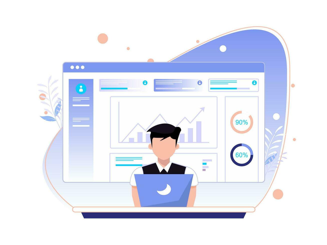 Concept of digital media services. man explains today's company data. flat vector illustration.