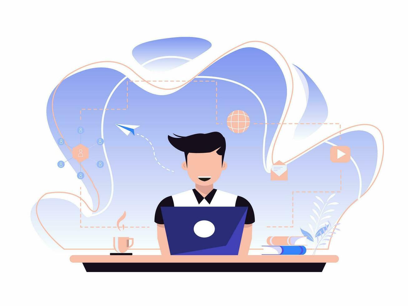 Online video podcast. Woman delivering news in front of a laptop screen with the widest internet network. Vector illustration for video conferencing, technological concepts.