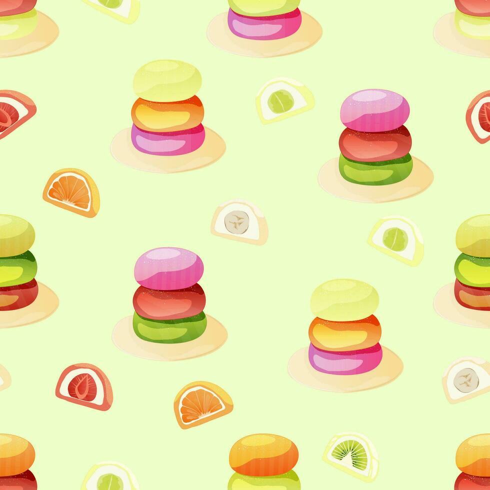 Seamless pattern with japanese mochi dessert. Bright mochi on a saucer. Mochi with different fillings. Vector illustration