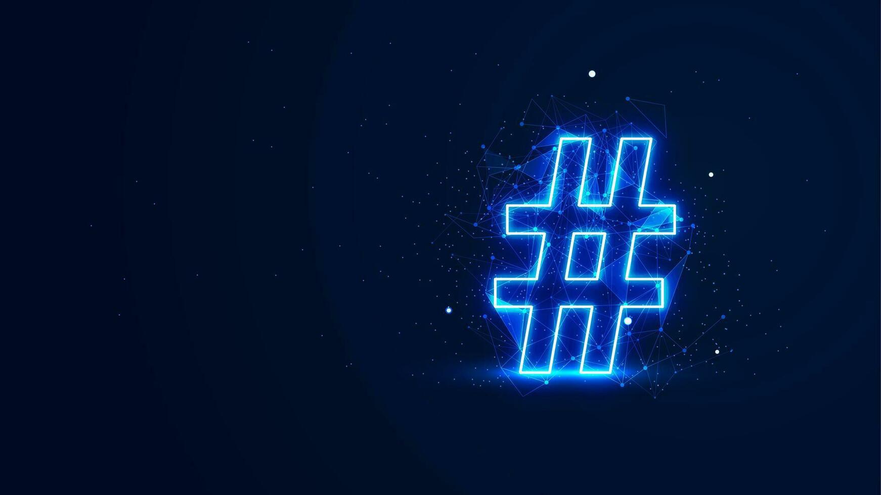 Futuristic glowing hashtag symbol with plexus lines and glitter particles. A hashtag in the neon light style. 3D abstract copy space in the night concept. Digital technology background vector