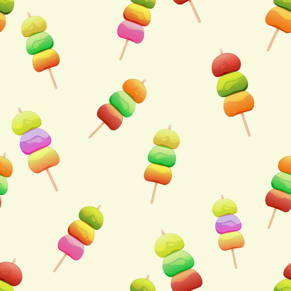 Seamless pattern with japanese mochi dessert. Bright mochi on a stick. Vector illustration