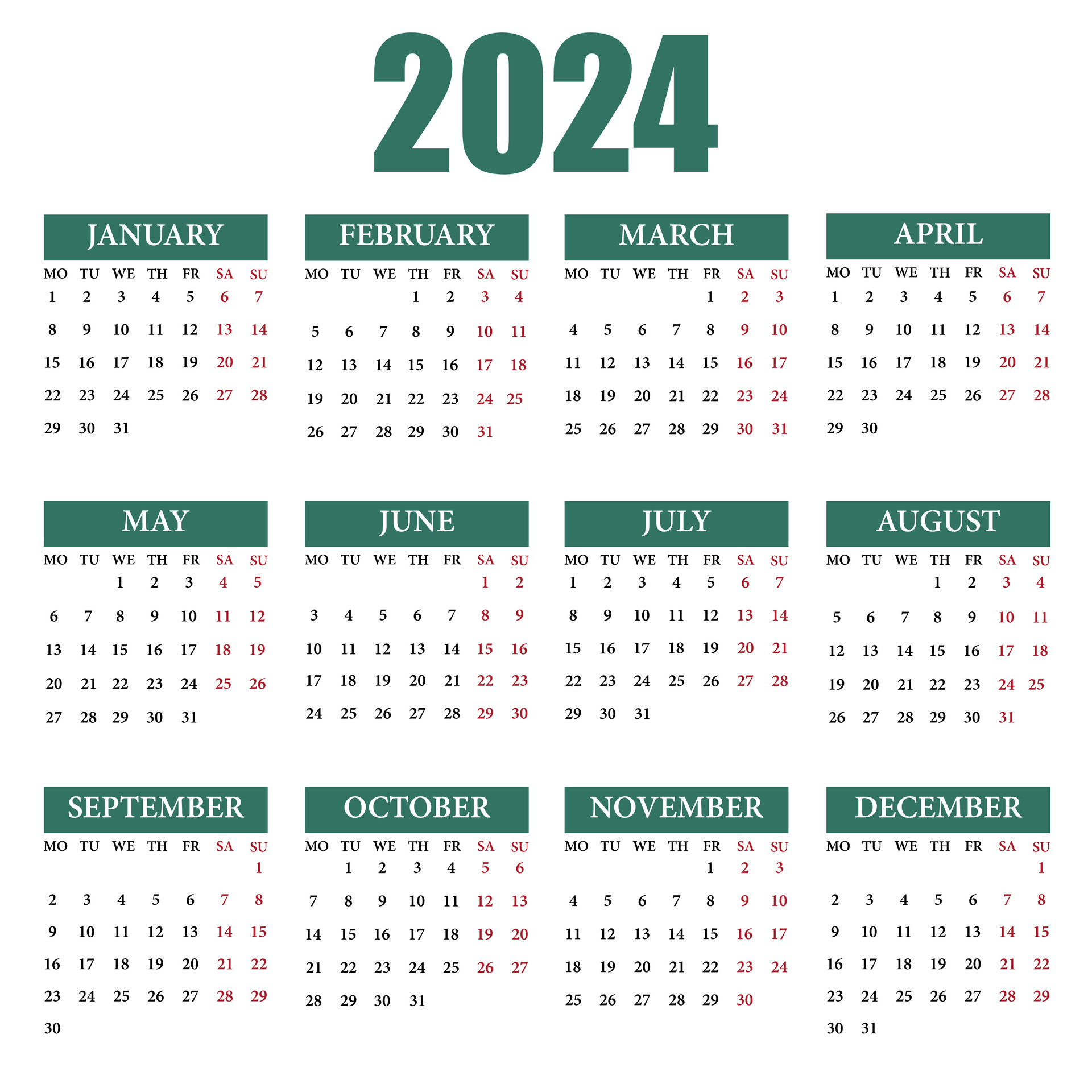 Calendario 2024 español. Semana comienza el lunes Stock Vector