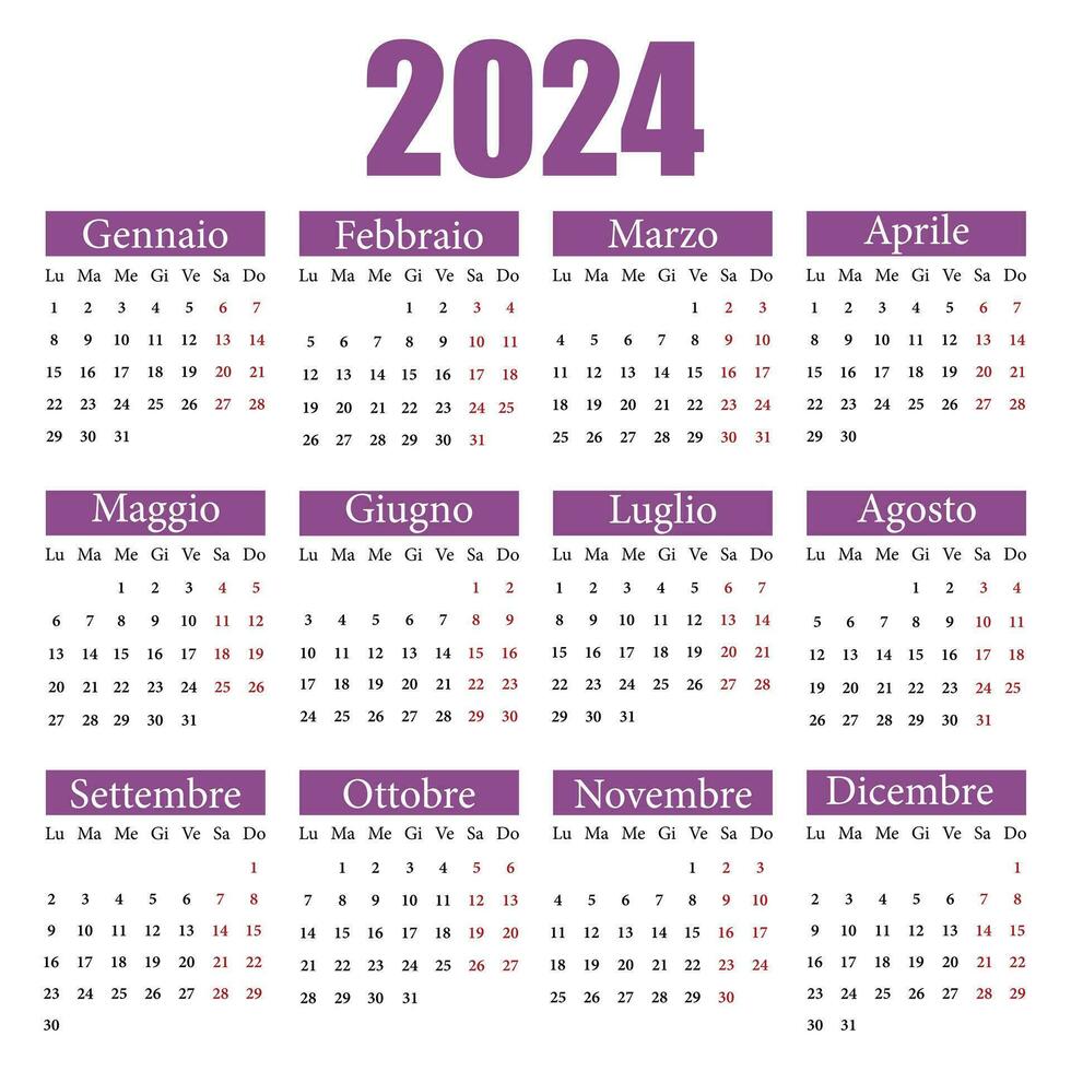 Calendar in Italian for 2024. The week starts from Monday. Vector illustration