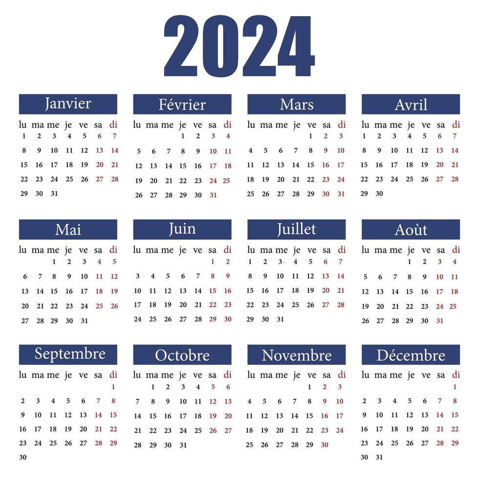 Calendar in French for 2024. The week starts from Monday. Vector illustration