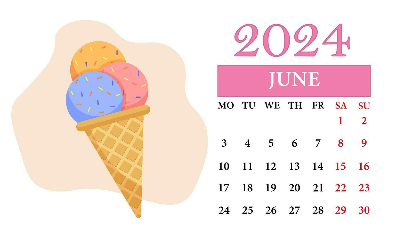 June Monthly calendar 2024 with a ice cream vector