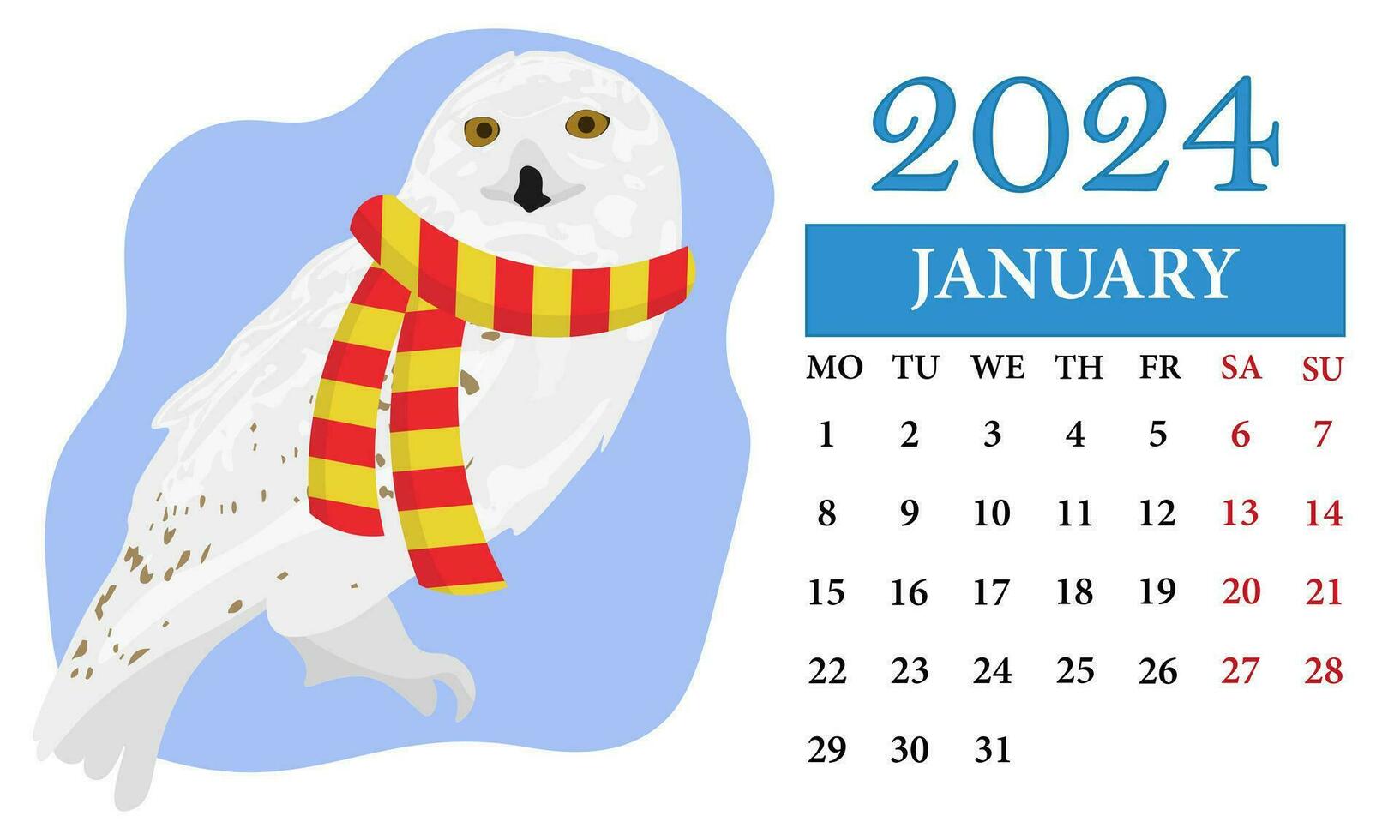 January Monthly calendar 2024 with a owl vector