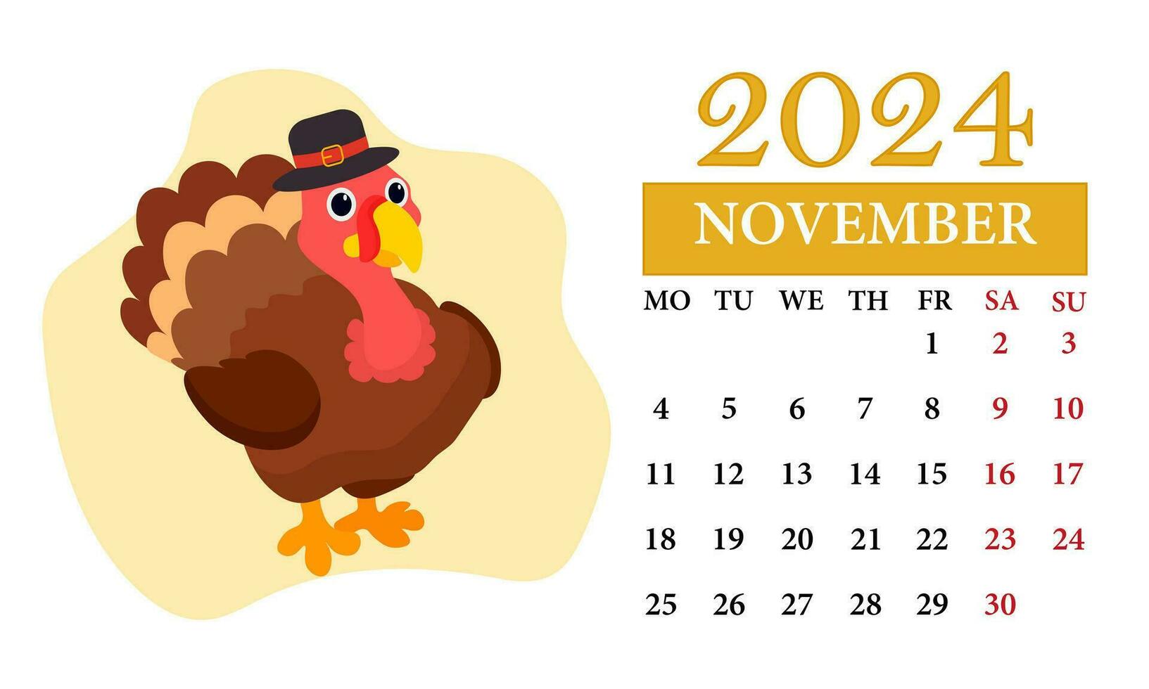 November Monthly calendar 2024 with a turkey 25751428 Vector Art at