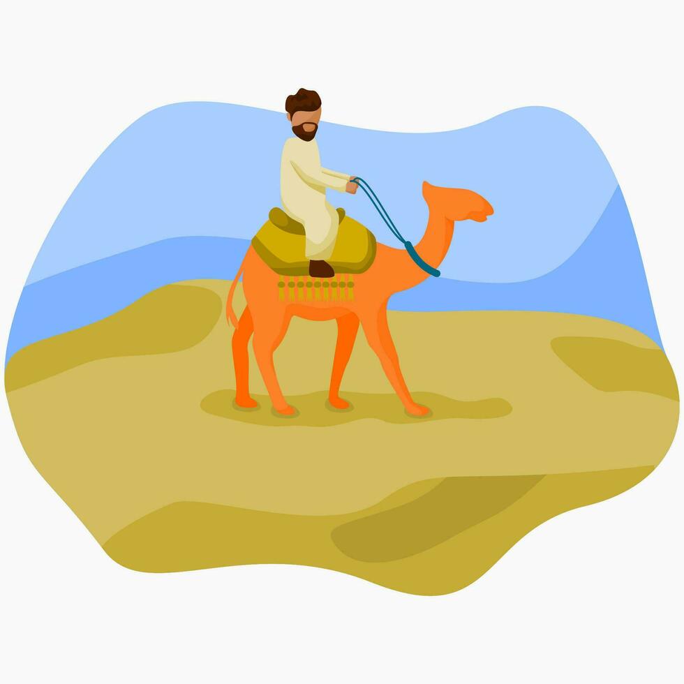 editable musulmán hombre hijrah con camello en Desierto vector ilustración para muharram hijri nuevo año concepto y otro islámico momento relacionado diseño