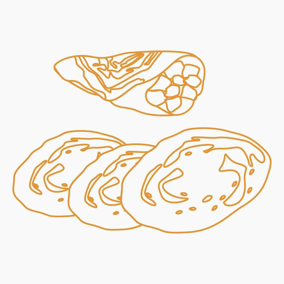 Editable Top Side View Classic Open And Rolled Indian Masala Dosa With Filling Vector Illustration in Outline Style for Artwork of Cuisine Related Design With South Asian Culture and Tradition