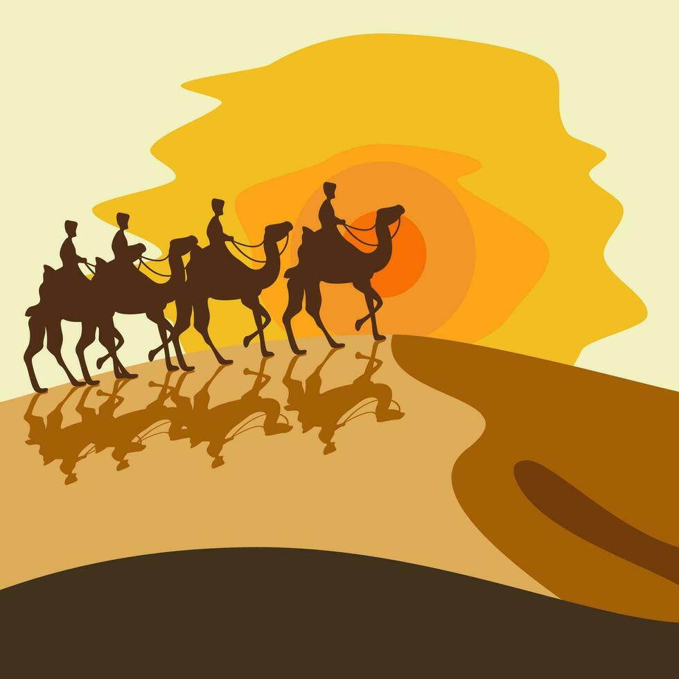 editable camello caravana en Desierto vector ilustración para medio oriental antiguo comercio o hajj peregrinaje y muharram hijri nuevo año concepto además otro islámico momento relacionado diseño