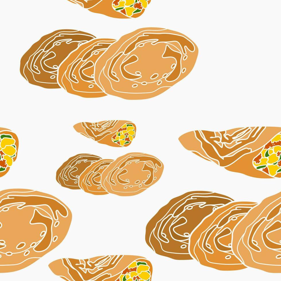 Editable Top Side View Classic Open And Rolled Indian Masala Dosa With Potato Fill Vector Illustration Seamless Pattern for Background of Cuisine Related Design With South Asian Culture and Tradition