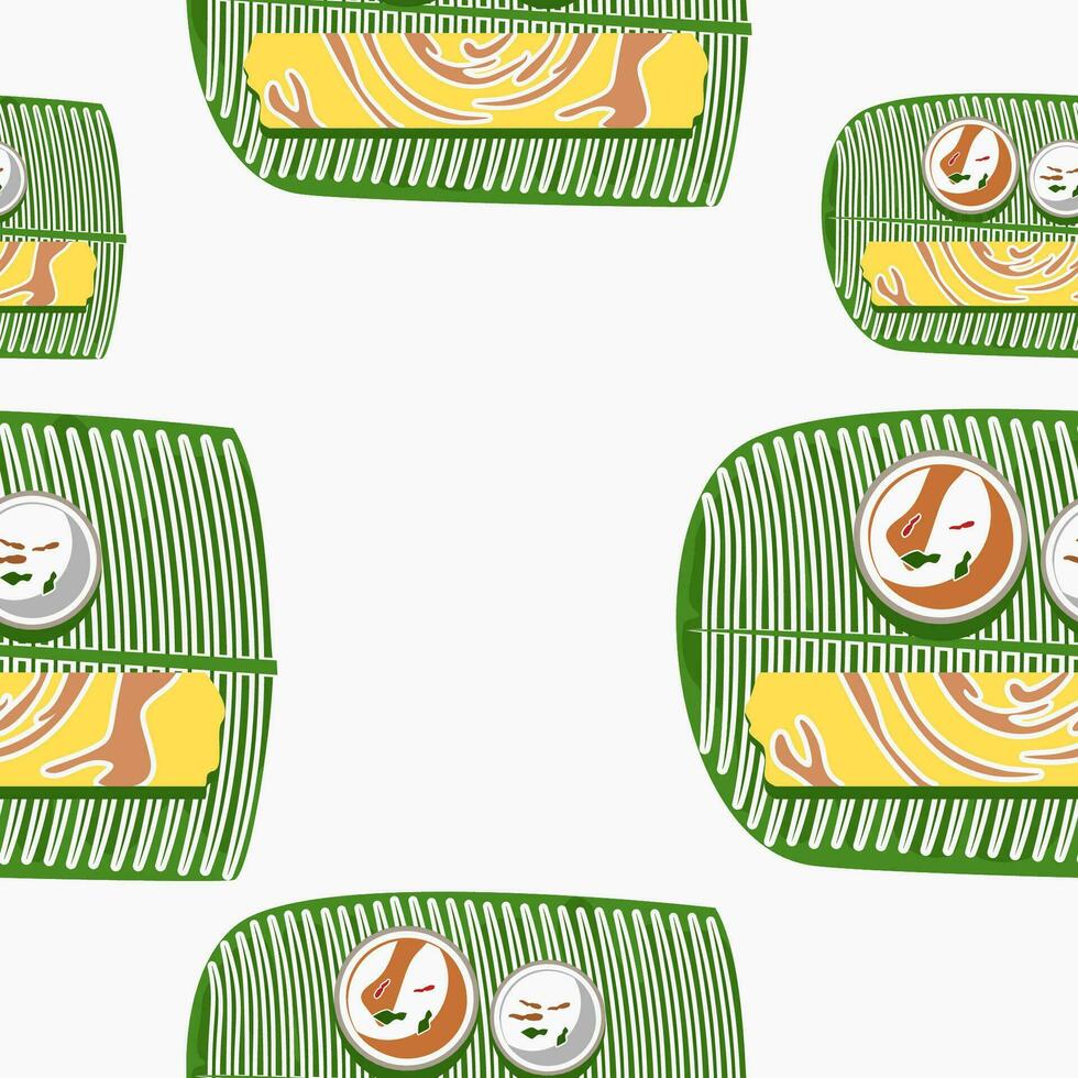 Editable Top View Indian Masala Dosa With Chutney and Sambar on Banana Leaf Vector Illustration Seamless Pattern for Background of Cuisine Related Design With South Asian Culture and Tradition