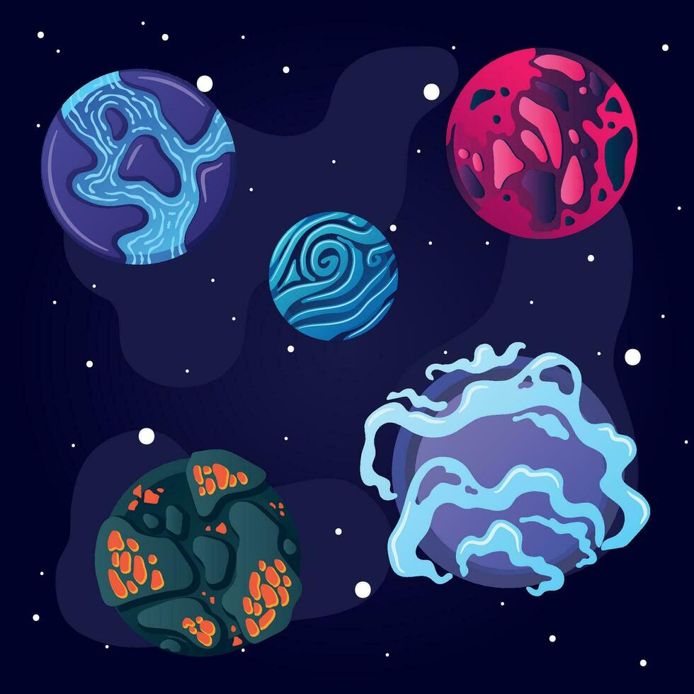 Set of colored sci fi planets on a universe background Vector