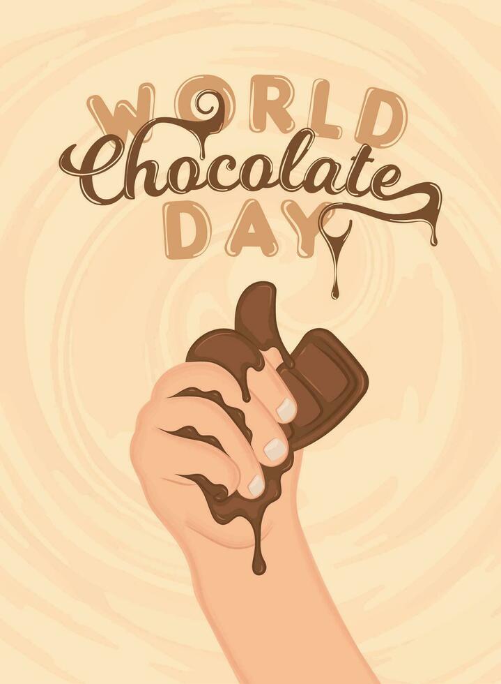 Isolated hand holding a chocolate Happy world chocolate day poster Vector