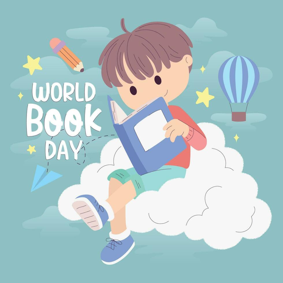 Isolated cute boy reading a book World book day template Vector