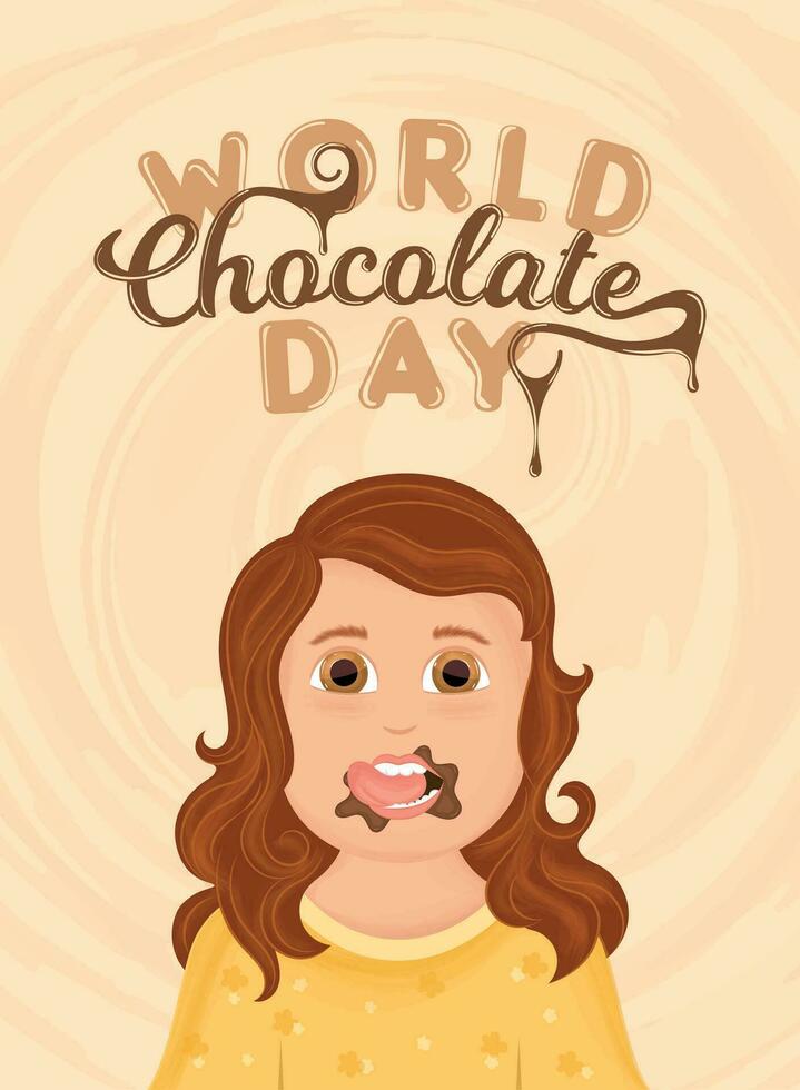 linda niña comiendo chocolate contento mundo chocolate día modelo vector