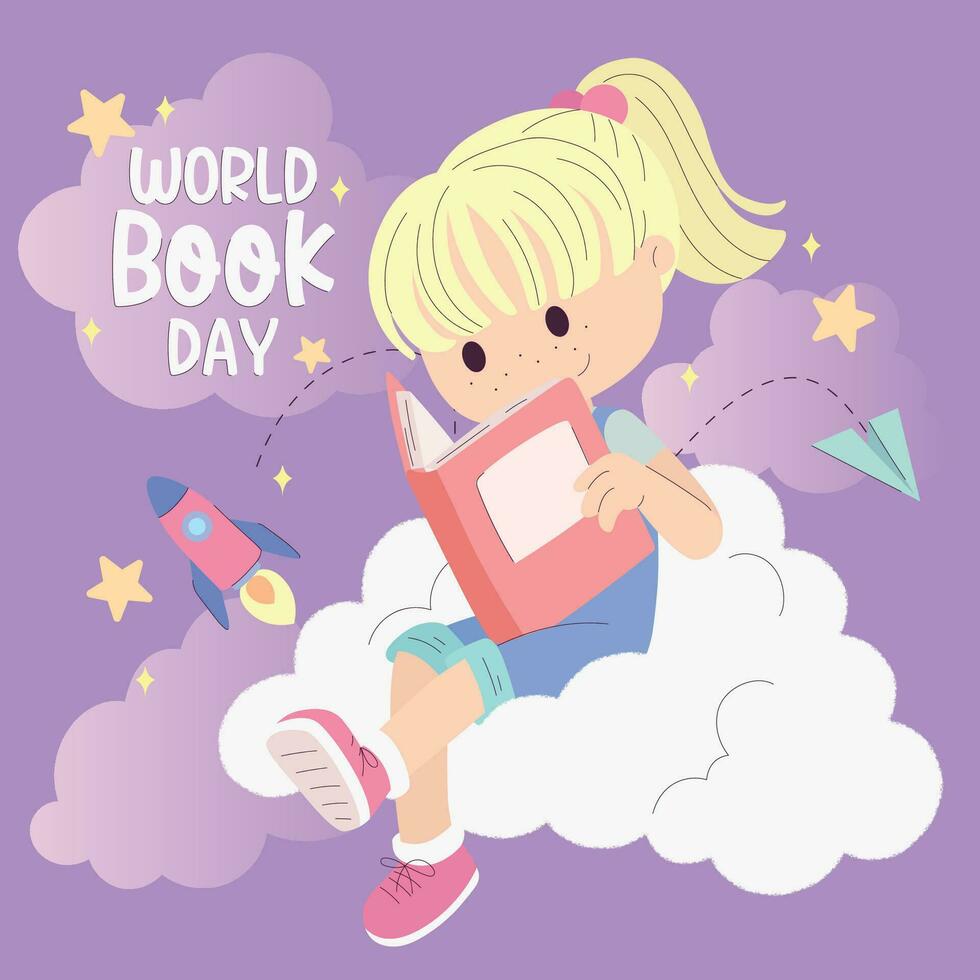 Cute girl character reading a book World book day template Vector