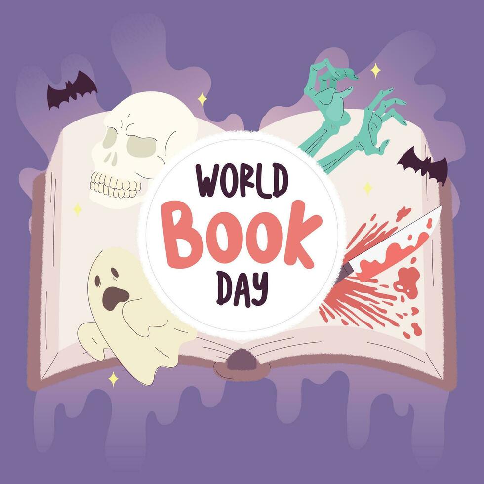 Isolated open book with spooky icons World book day Vector