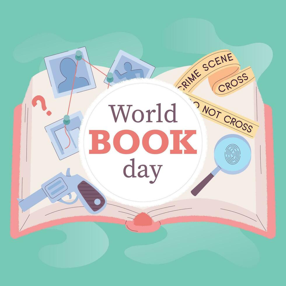 Isolated open book with detective icons World book day Vector