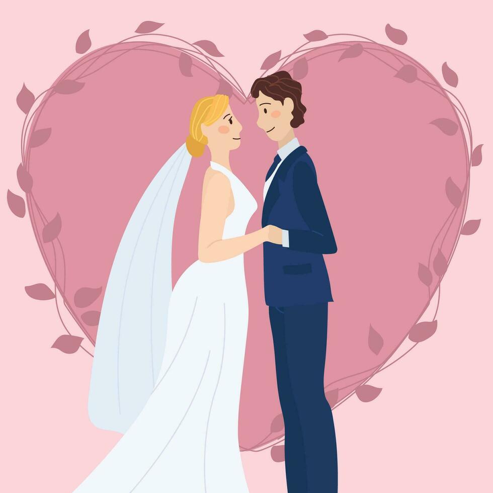 aislado linda Boda Pareja caracteres en un corazón forma vector