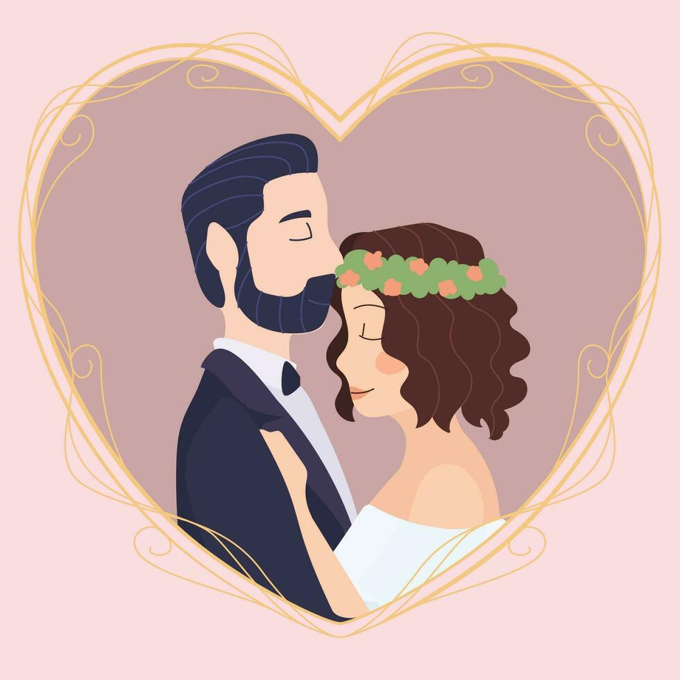 aislado linda Boda Pareja caracteres en un corazón forma vector