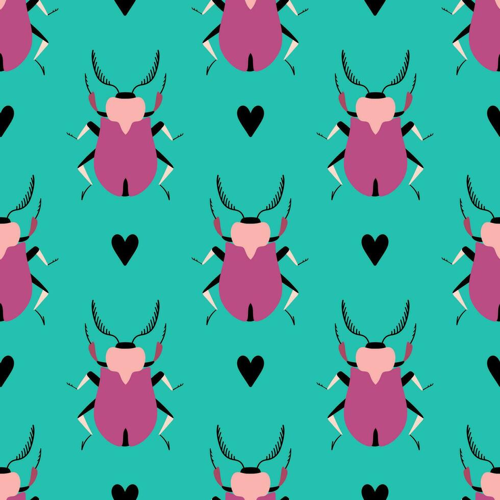Pink beetles on the bright background. Seamless pattern with cartoon elements. vector