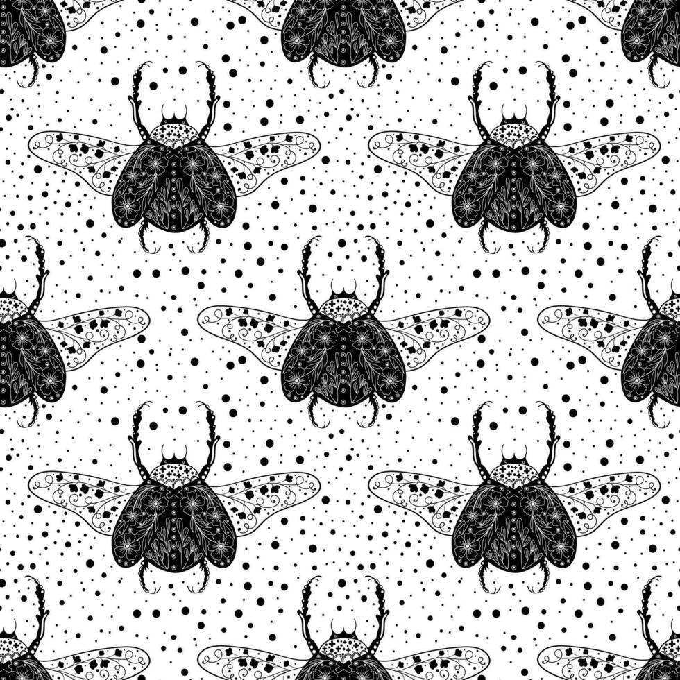 Unusual beetles decorated with flowers by ink. Seamless pattern with doodles element. vector