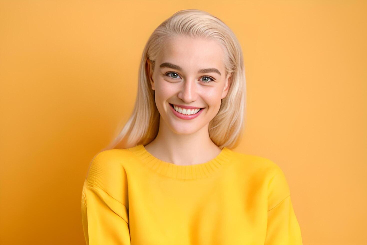A woman with blonde hair and a yellow sweater smiles photo