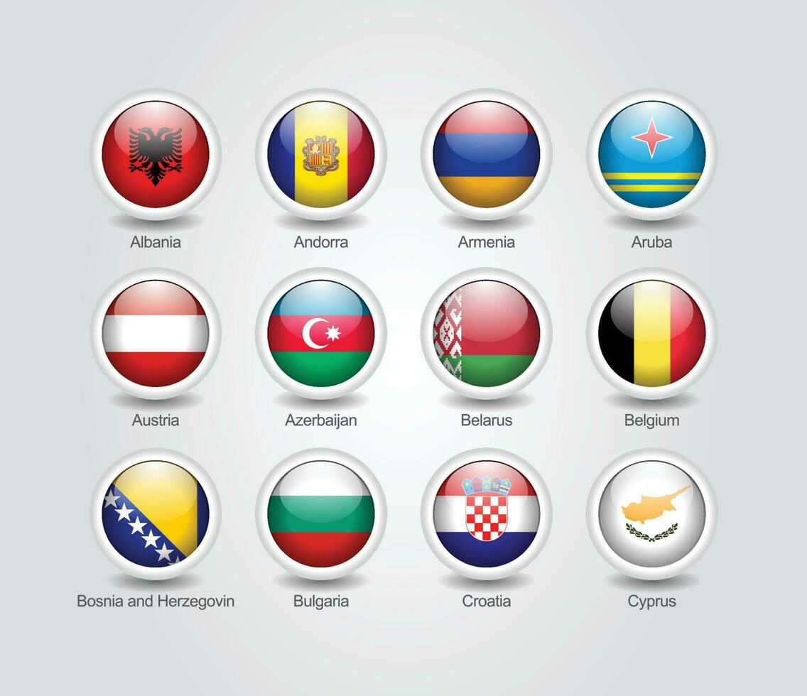 3D Flag Icons Glossy Circle of Europe Countries vector