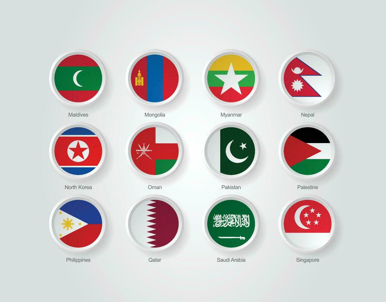 3D Flag Icons Emboss Circle of Asian Countries vector