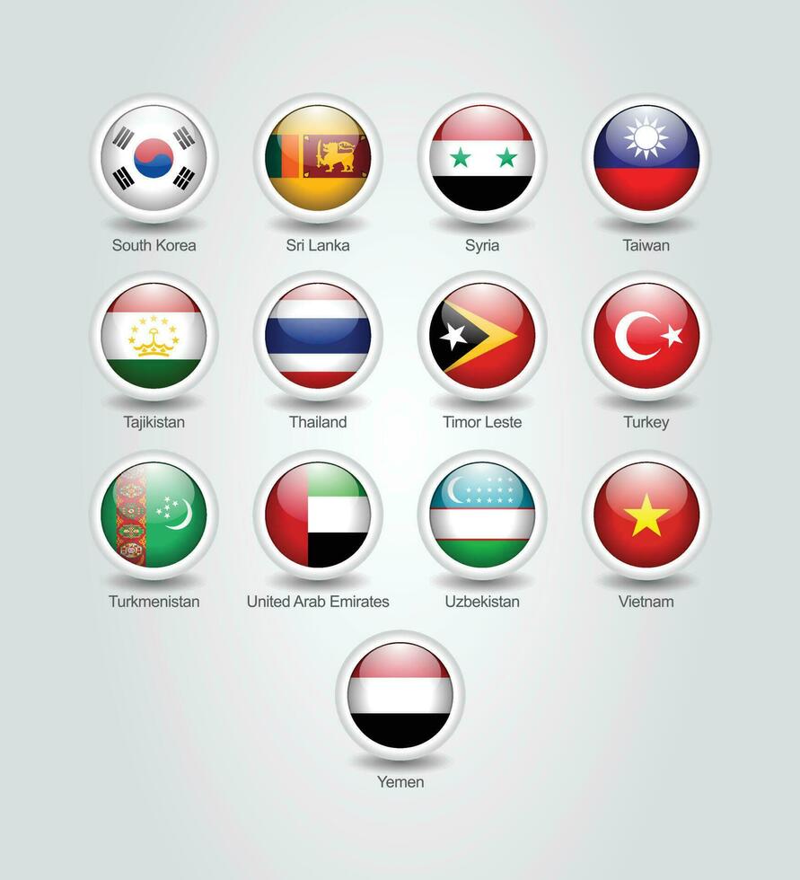 3D Flag Icons Glossy Circle of Asian Countries vector