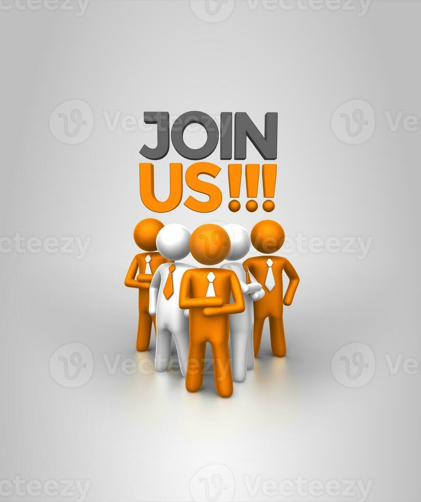 JOIN US text and 3D people with portrait orientation, orange and white color with white background. photo