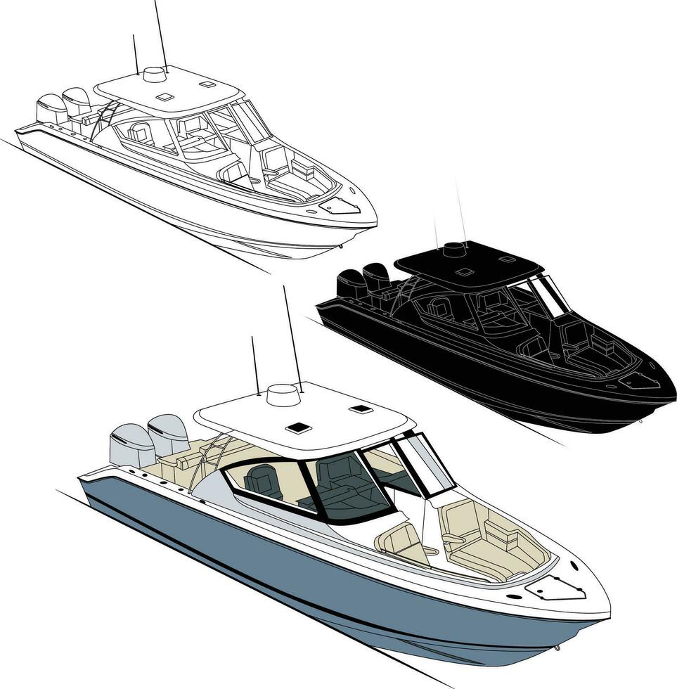 High quality line drawing vector fishing boat. Black, white and color illustration