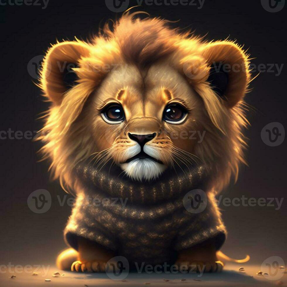 Very cute tiny, a lion smiling use sweater, rim lighting, adorable big eyes, small photo