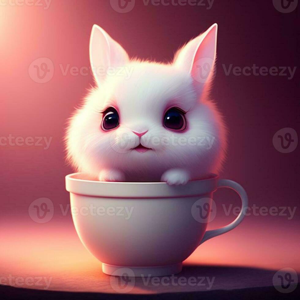 Very cute tiny white rabbit character smiling inside a pink drinking cup photo