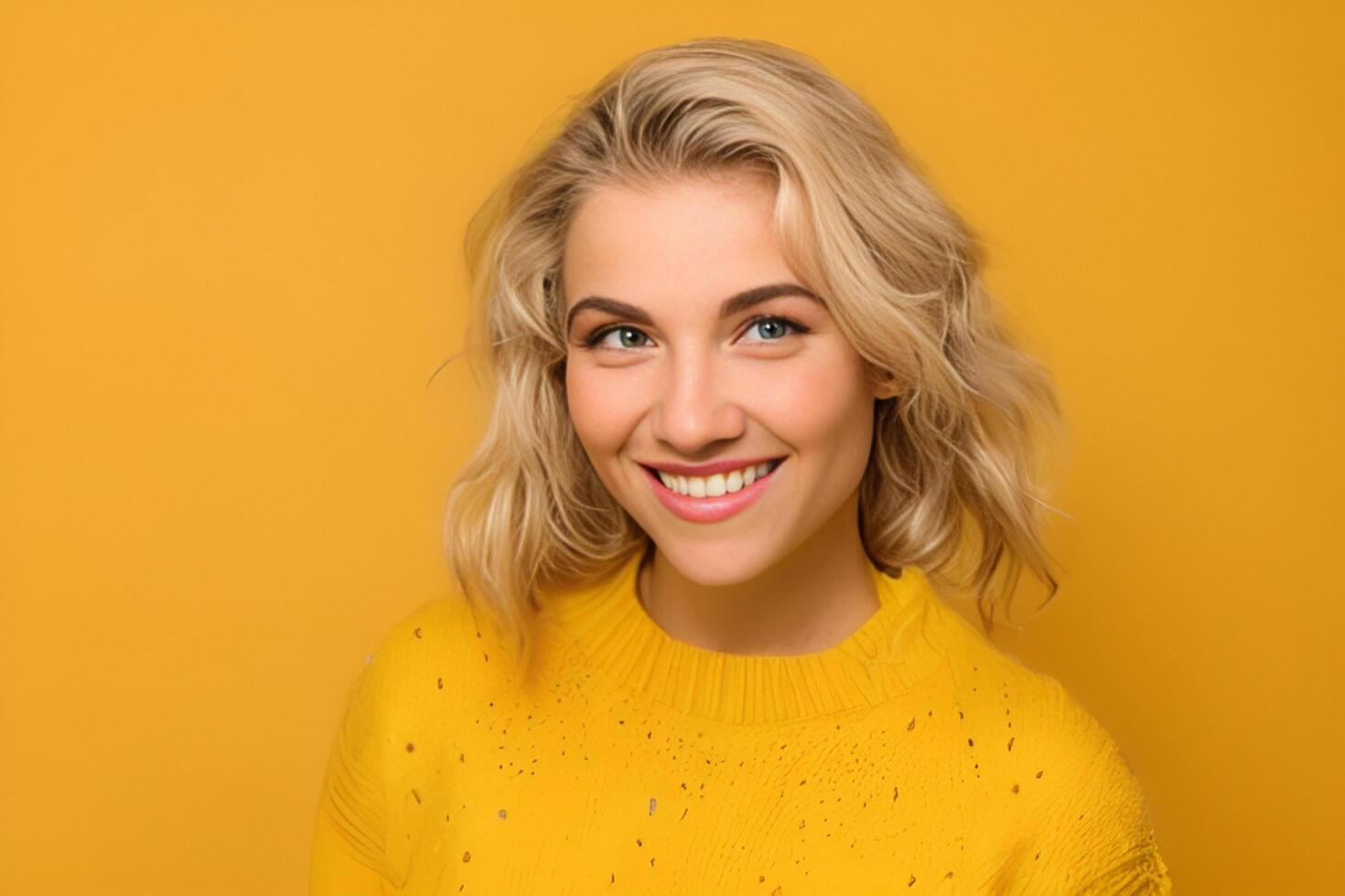 A woman with blonde hair and a yellow sweater smiles photo