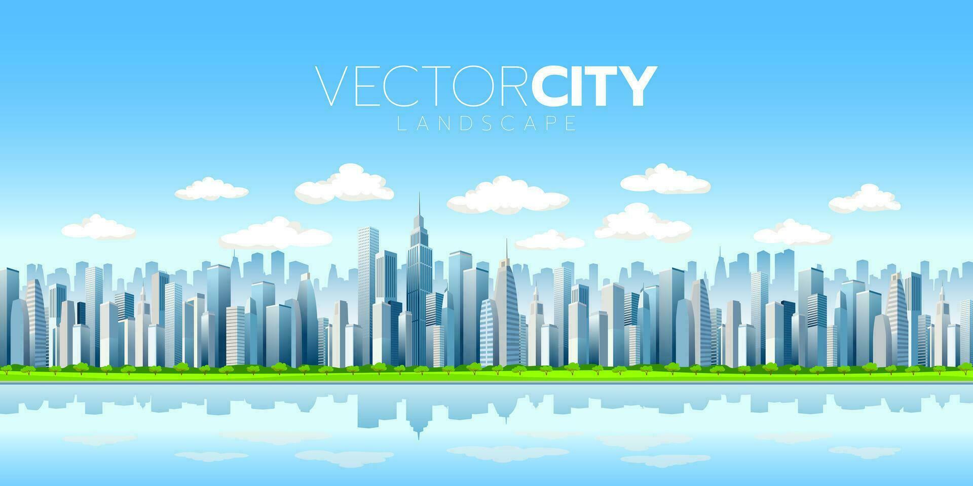 Illustration of a modern metropolis by the water, skyscrapers, blue sky and clean clouds. vector illustration