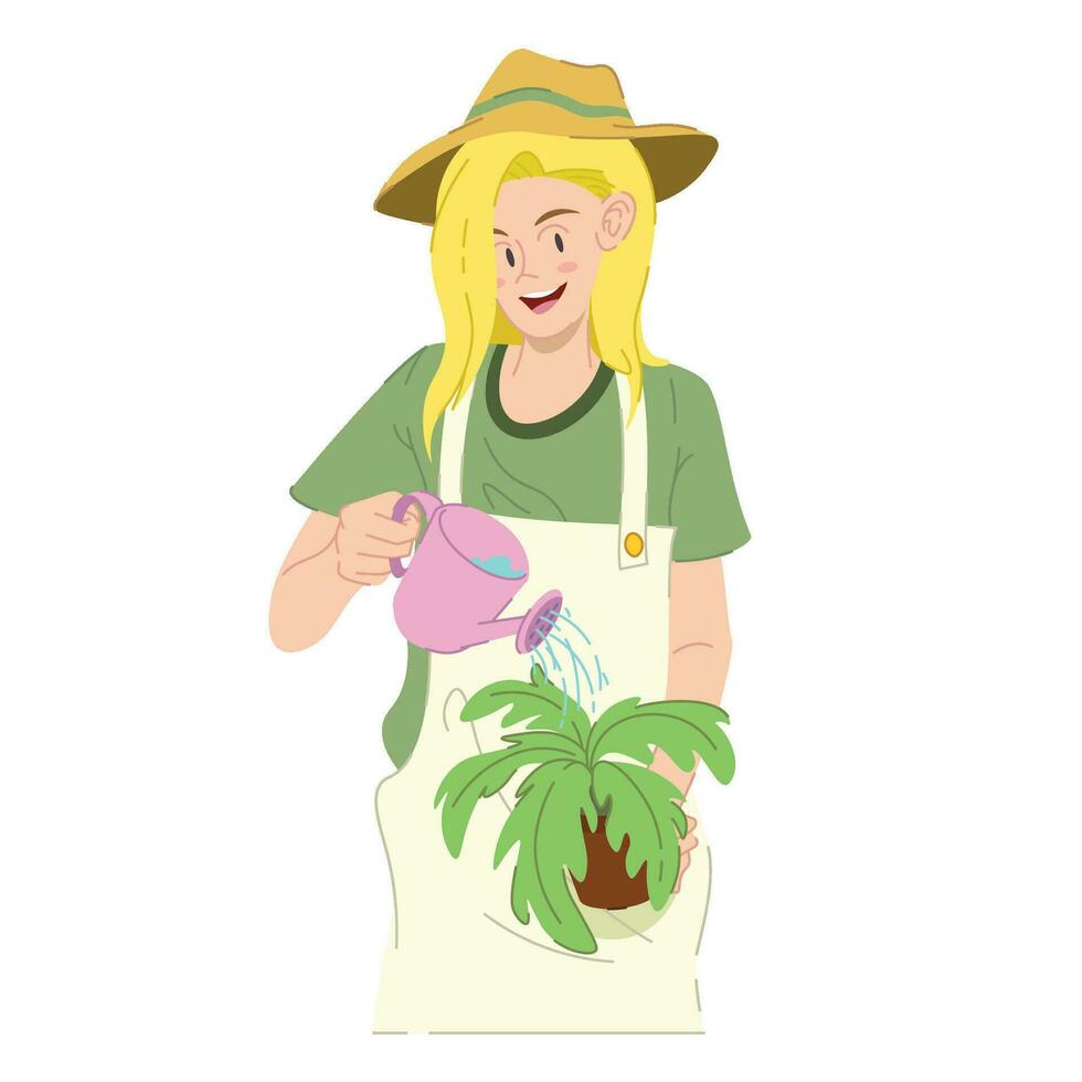 Young girl watering plants.  Go Green illustration. Eco concept vector