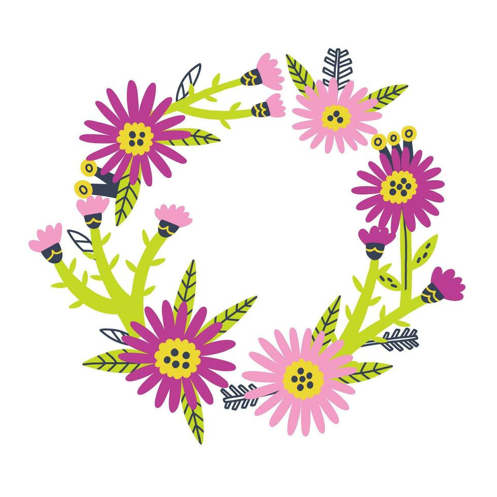 Flower Asters circle frame in vector hand drawn style