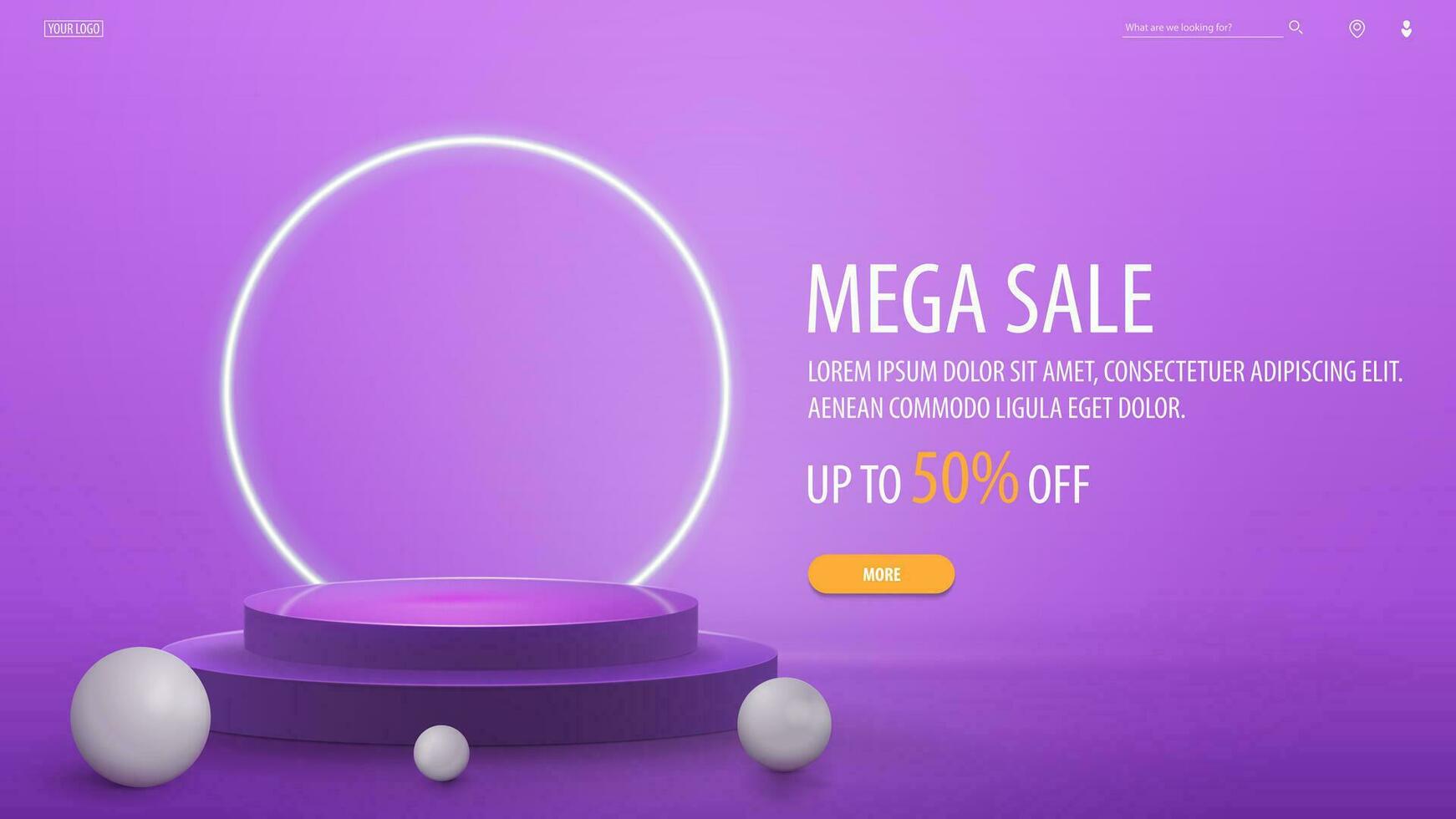 Mega sale, violet discount banner with offer and empty 3d podium with neon rings. vector