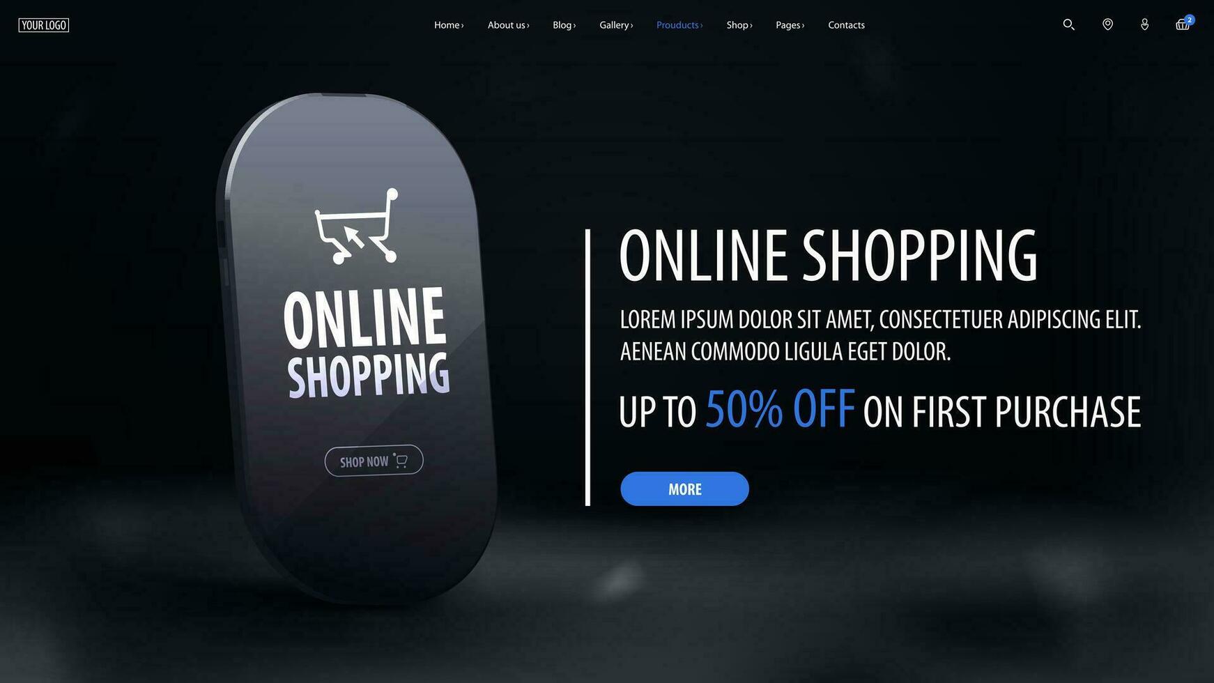Online shopping, dark discount banner with offer and smartphone on dark background with fog vector